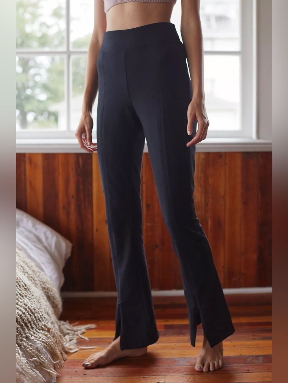 Anthropologie daily practice High Waist Black Stretch Flare Pants Front Slit Med